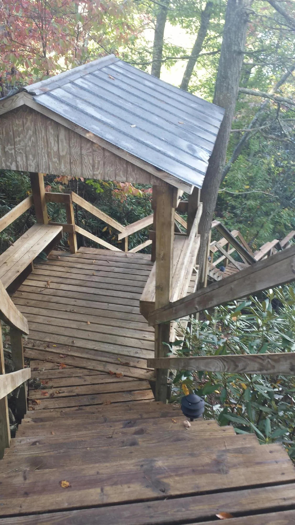 Metal roofed shelter over wooden steps on a wooded walkway — Skylight Repair & Installation work by our crew in Danciger